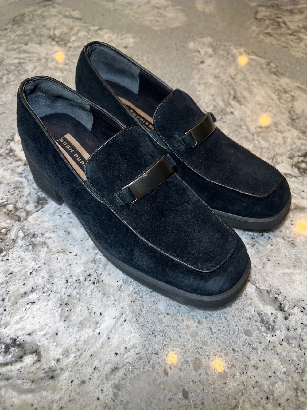 Hush Puppies Black Suede Block Heel Loafers Size 6 Like New